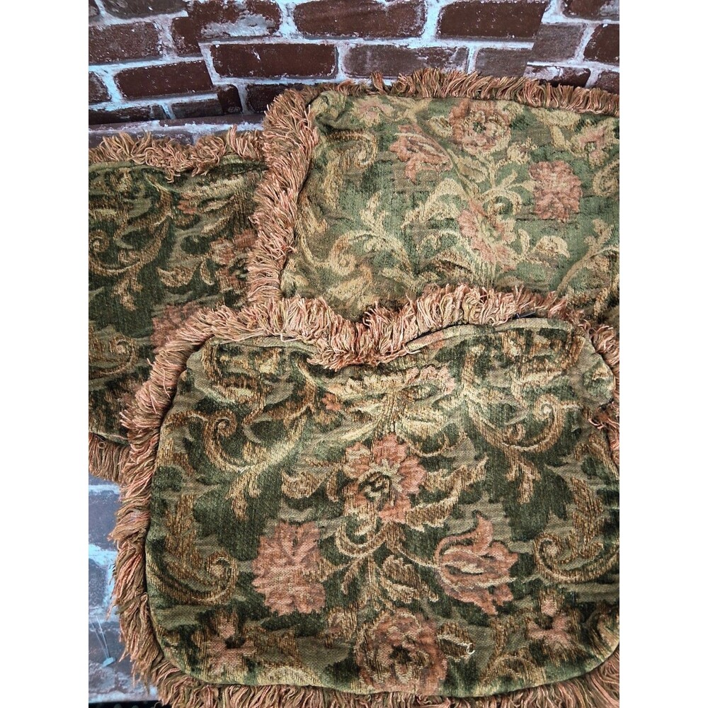 3 Vintage Pillow Cover Dark Green Floral Tapestry Fringe Accent 12 X 17in Thick